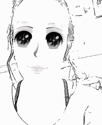 a black and white drawing of a girl 's face with big eyes
