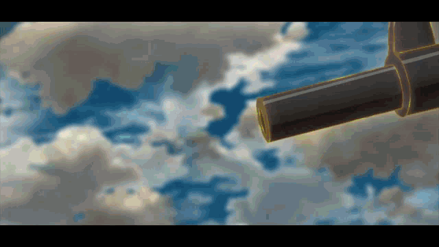 a painting of a cannon with a blue sky and clouds in the background