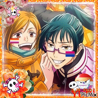 a couple of anime characters are posing for a picture with a skull and crossbones .
