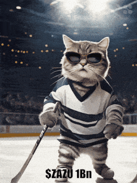 a cat wearing sunglasses and a hockey jersey is holding a hockey stick on the ice