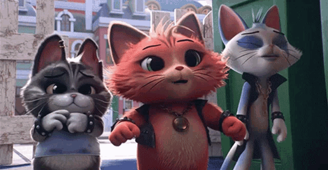 three cartoon cats are standing next to each other in front of a building .