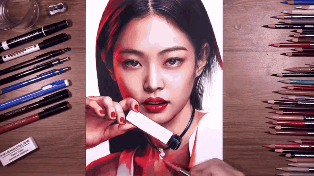 a drawing of a woman with red lips is surrounded by colored pencils and pens
