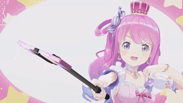 a girl with pink hair is taking a selfie with a pink phone