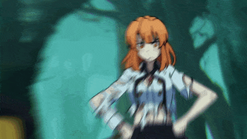 a cartoon girl with orange hair is standing in a dark room .