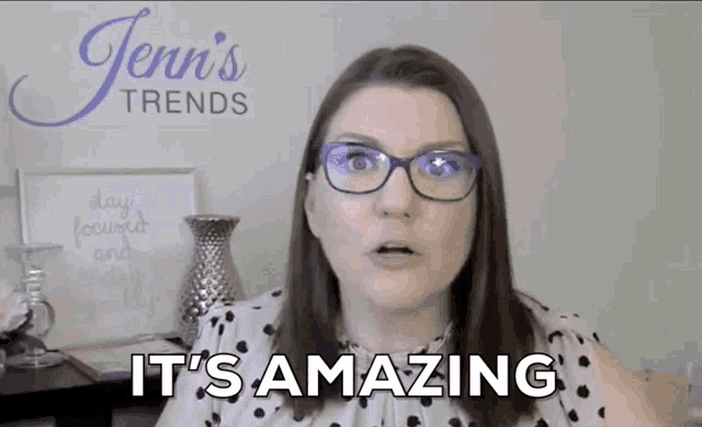 a woman wearing glasses and a polka dot shirt is talking about jenn 's trends .