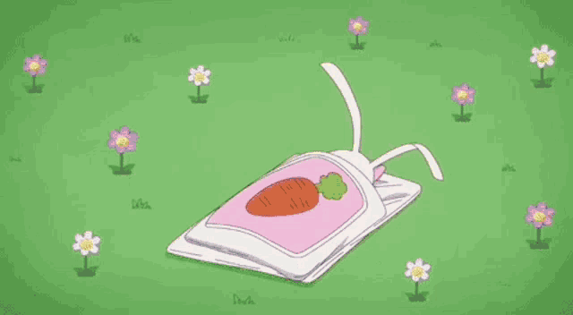 a girl stands next to a basket of carrots and flowers