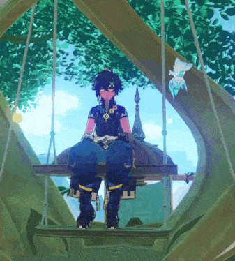 a cartoon character is sitting on a swing in a tree
