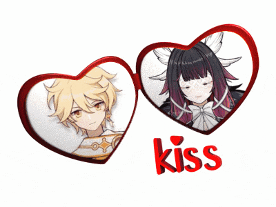 a boy and a girl in heart shaped frames with the word kiss in red