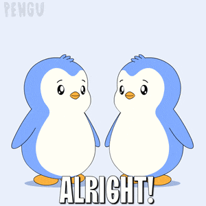 a couple of penguins standing next to each other with the words alright on the bottom