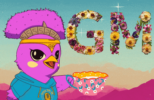 a cartoon bird holding a cup and the letter g made of flowers