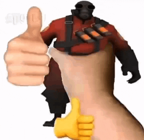 a person is giving a thumbs up to a cartoon character with a gas mask on .