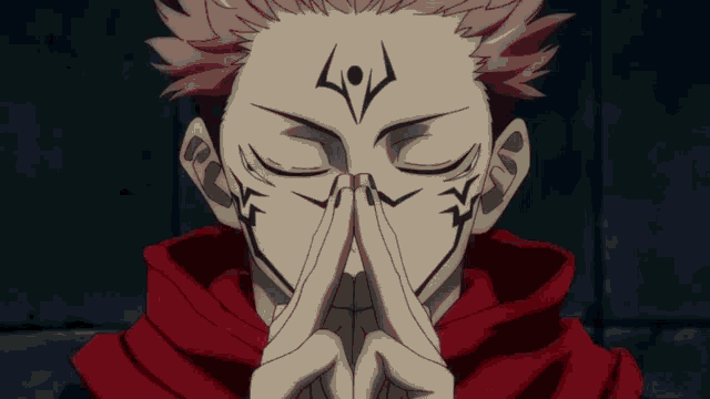 a man with pink hair has a symbol on his face