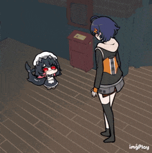 a cartoon of a girl standing next to a cat with red eyes and the words imgplay on the bottom