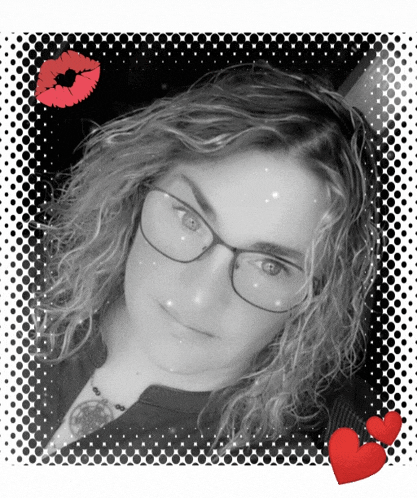 a woman wearing glasses is surrounded by red hearts and a kiss