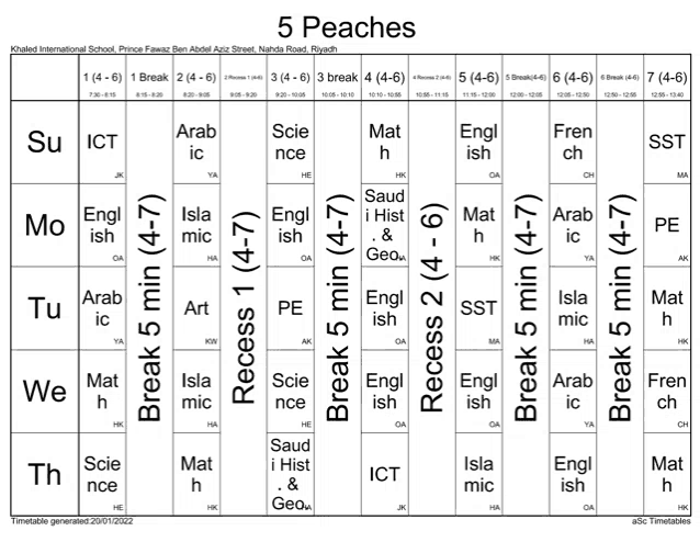 a schedule for the 5 peaches at khaled international school in riyadh