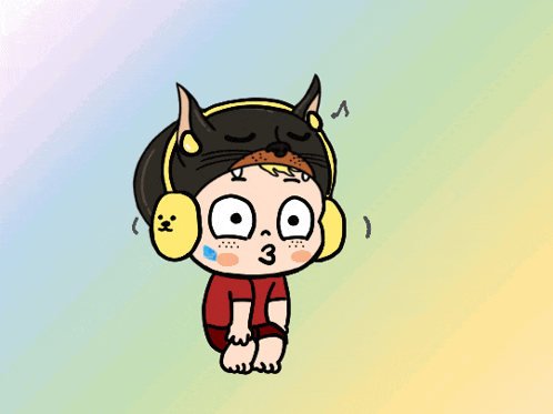 a cartoon drawing of a boy wearing headphones and a cat mask