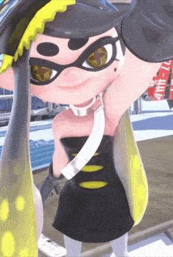 a cartoon character is wearing a black and yellow outfit with a yellow stripe on the bottom