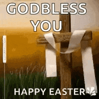 a cross with a white ribbon around it and the words `` godbless you happy easter '' .
