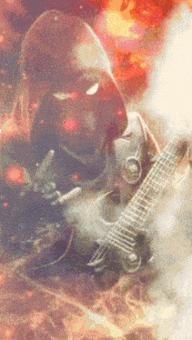 a painting of a person playing a guitar with smoke coming out of it
