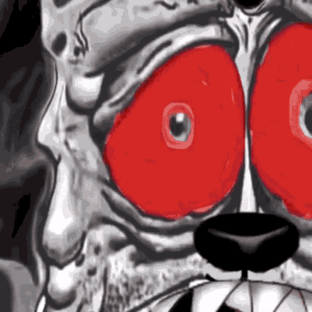 a black and white drawing of a skull with red eyes .