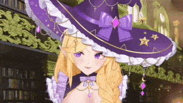 a girl with blonde hair and a purple hat