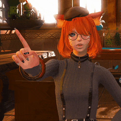 a girl with red hair is wearing glasses and a sweater