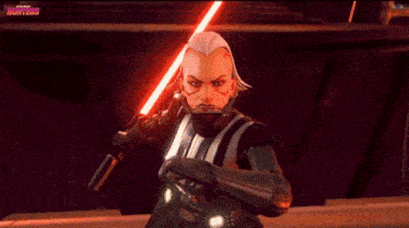 a cartoon character is holding a red light saber in front of a screen that says turtles