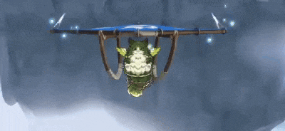 a cartoon character is flying through the air in a parachute with a frog on it .