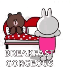 a brown bear and a white rabbit are standing next to each other in bed .