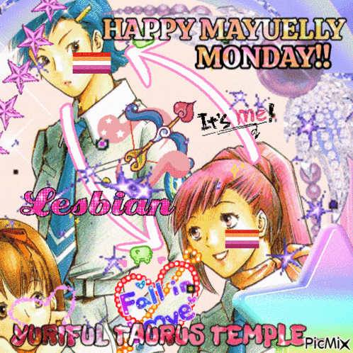 a happy mayueilly monday greeting with a collage of anime characters