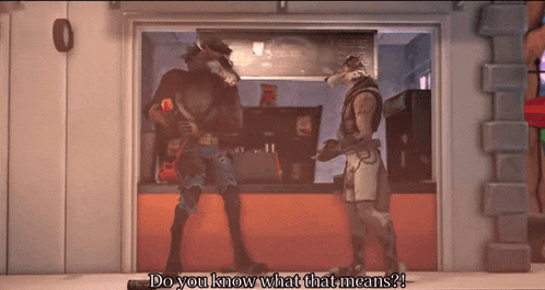 two men standing in front of a counter with the words do you know what that means