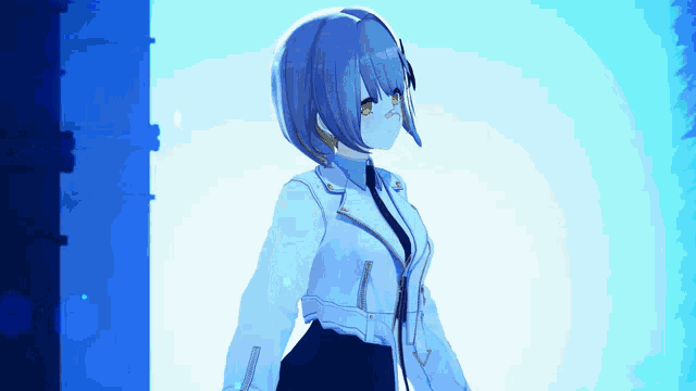 a girl with blue hair and yellow eyes is standing in front of a blue background