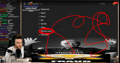 a man is sitting in front of a computer screen with a drawing of a man and the words absolute fraud