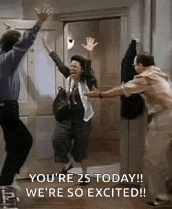 a group of people are jumping in the air while a woman says `` you 're 25 today ! ''