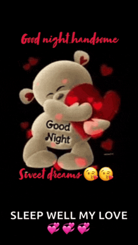a teddy bear is hugging a heart with the words `` good night handsome sweet dreams sleep well my love '' written on it .