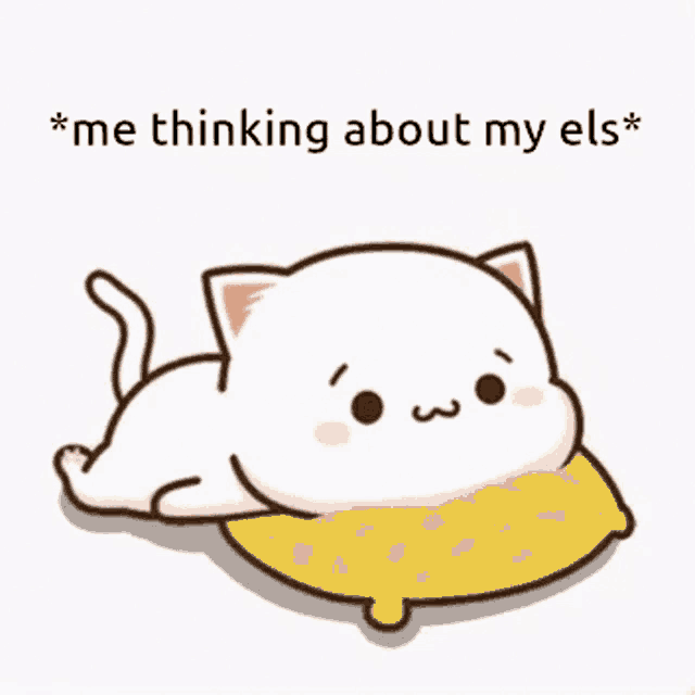 a cartoon cat is laying on a yellow pillow with the words " me thinking about my els " below it