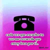 a purple background with a phone and the words " cada vez que echo tu voz me recuerda que estoy loca por ti "