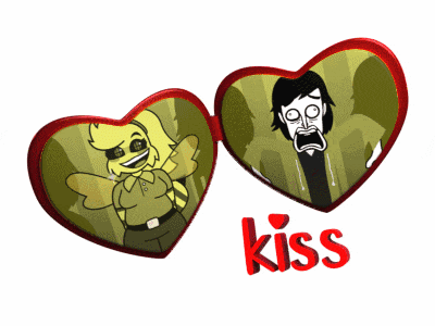 a picture of a man and a woman with the word kiss underneath