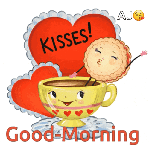 a cartoon illustration of a cup of coffee with a cookie kissing it with the words " kisses good morning " below it