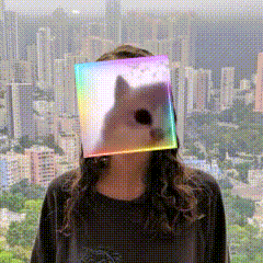 a woman with a rainbow cat on her face stands in front of a city