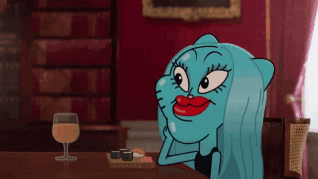 a cartoon character is sitting at a table with a glass of orange juice