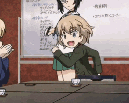 a cartoon of a girl hugging another girl in front of a white board with japanese writing on it