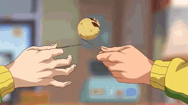 a cartoon drawing of a person holding a needle and a ball on a stick