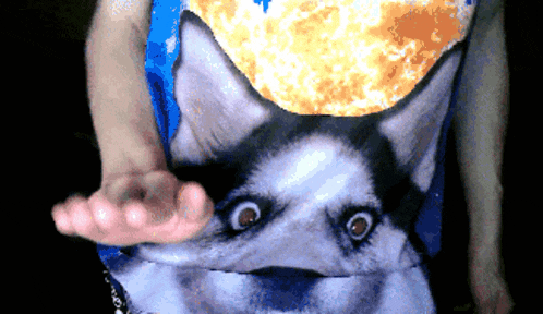 a person wearing a blue shirt with a husky dog on it