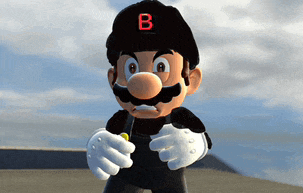 a cartoon character wearing a black hat with a red letter b on it