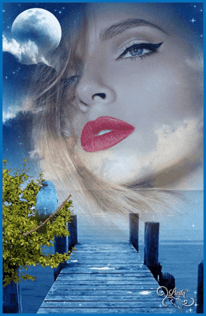 a painting of a woman 's face and a bird on a dock