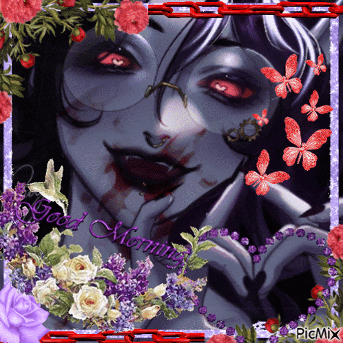 a picture of a woman with blood on her face and the words " good morning " on the bottom