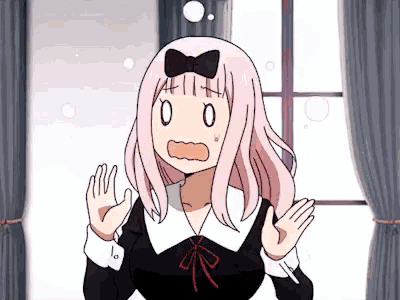 a girl with pink hair and a black bow on her head