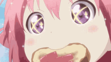 a girl with pink hair and purple eyes is eating a piece of cake .