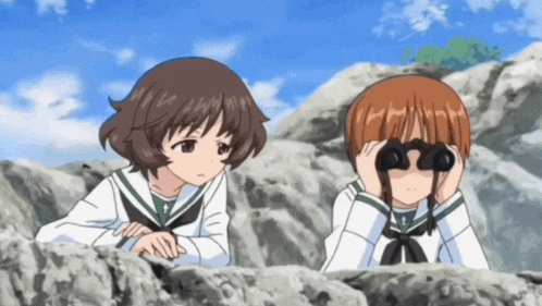 two anime girls are looking through binoculars on a rock